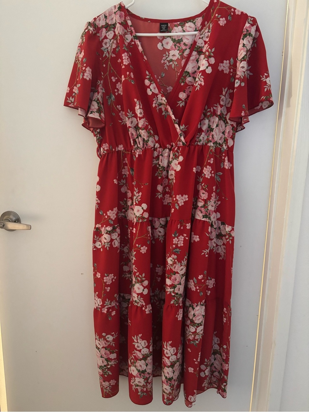 Red Floral V-Neck Midi Dress - Women's
